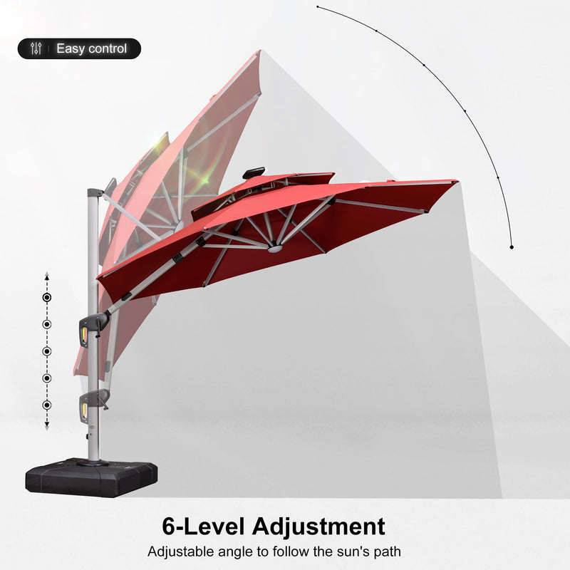 PURPLE LEAF Round Cantilever Umbrella with Base, Outdoor Umbrellas with Lights