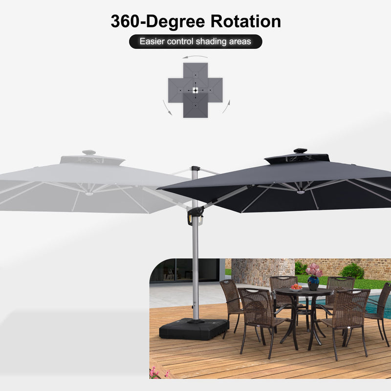 PURPLE LEAF Square Cantilever Umbrella with Base, Outdoor Umbrellas with Lights