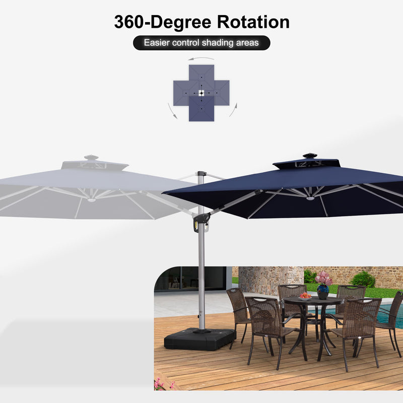 PURPLE LEAF Square Cantilever Umbrella with Base, Outdoor Umbrellas with Lights