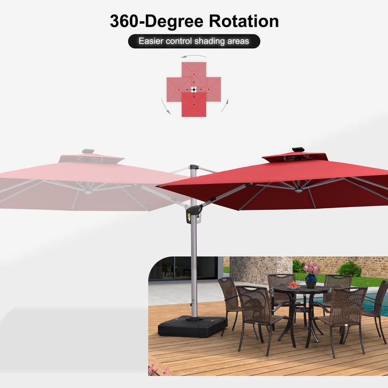 PURPLE LEAF Square Cantilever Umbrella with Base, Outdoor Umbrellas with Lights