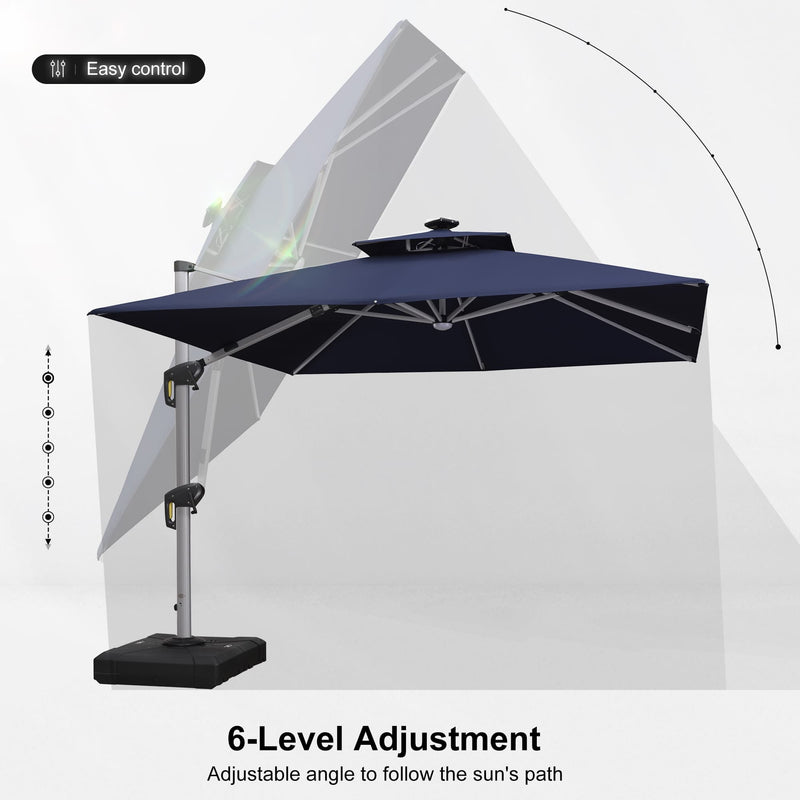 PURPLE LEAF Square Cantilever Umbrella with Base, Outdoor Umbrellas with Lights