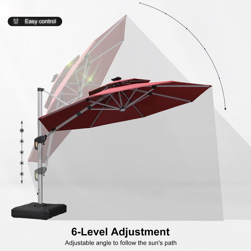 PURPLE LEAF Round Cantilever Umbrella with Base, Outdoor Umbrellas with Lights