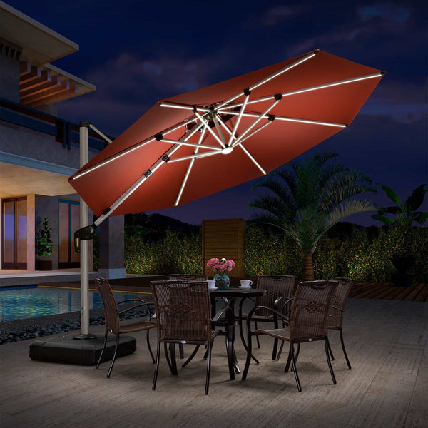 10/11/12ft Solar LED Round Cantilever Patio Umbrella