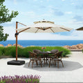 PURPLE LEAF wood-color double-top patio umbrella over outdoor dining set, providing shade, patio shade solutions