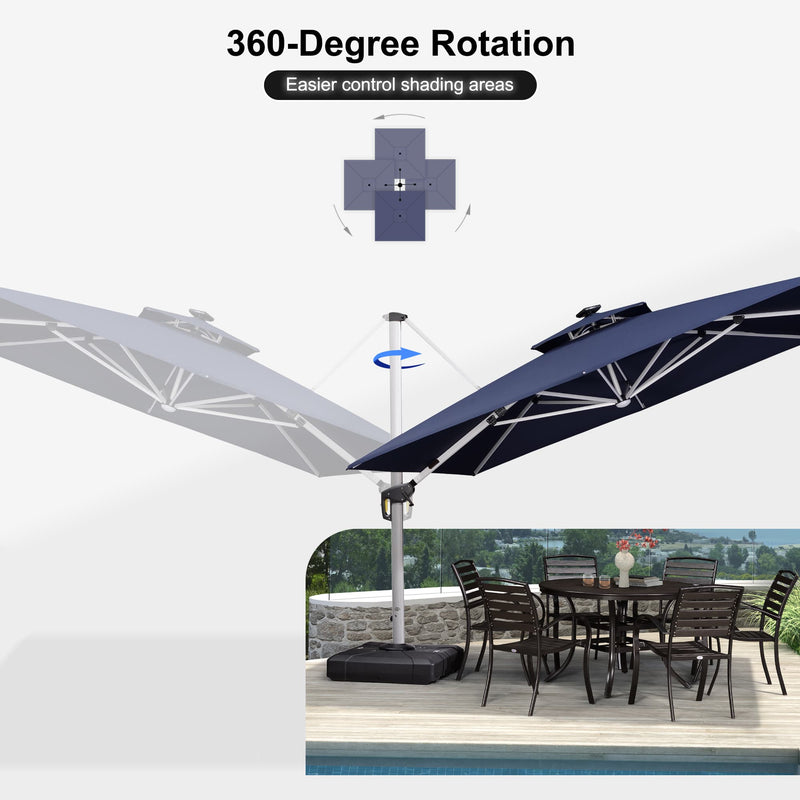 PURPLE LEAF Square Cantilever Umbrella with Base, Outdoor Umbrellas with Lights