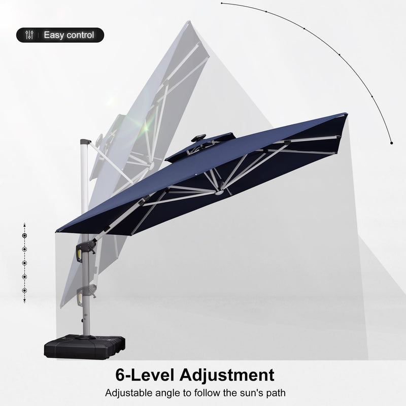 PURPLE LEAF Square Cantilever Umbrella with Base, Outdoor Umbrellas with Lights