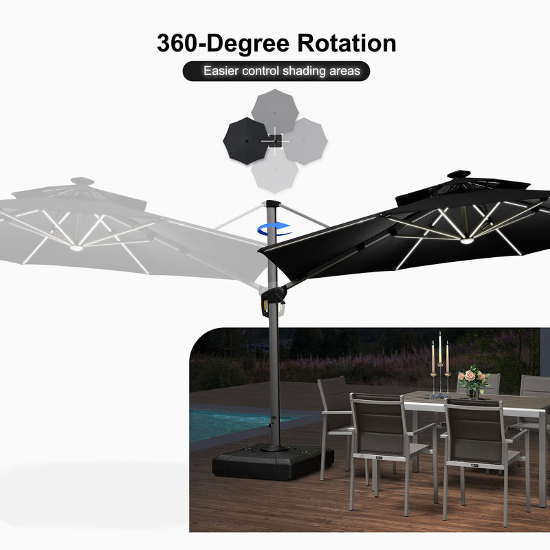 PURPLE LEAF Round Cantilever Umbrella with Base, Outdoor Umbrellas with Lights
