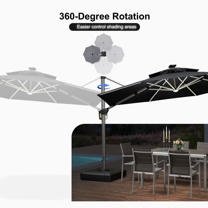 PURPLE LEAF Round Cantilever Umbrella with Base, Outdoor Umbrellas with Lights