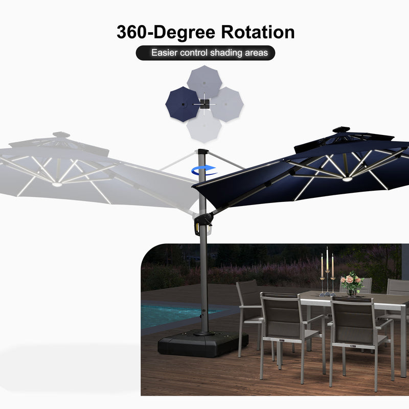 PURPLE LEAF Round Cantilever Umbrella with Base, Outdoor Umbrellas with Lights