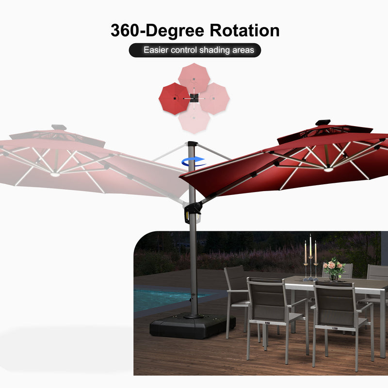 PURPLE LEAF Round Cantilever Umbrella with Base, Outdoor Umbrellas with Lights