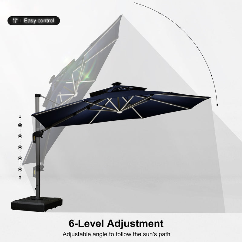 PURPLE LEAF Round Cantilever Umbrella with Base, Outdoor Umbrellas with Lights