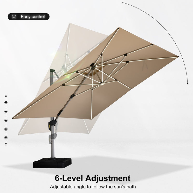 PURPLE LEAF Square Cantilever Umbrella with Base, Outdoor Umbrellas with Lights