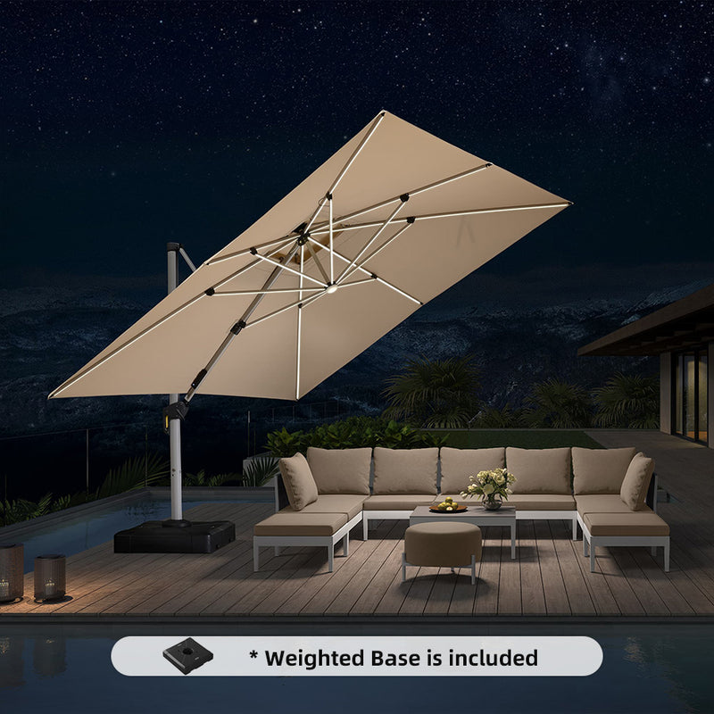 PURPLE LEAF Square Cantilever Umbrella with Base, Outdoor Umbrellas with Lights