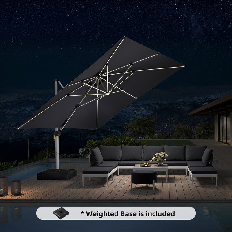 PURPLE LEAF Square Cantilever Umbrella with Base, Outdoor Umbrellas with Lights