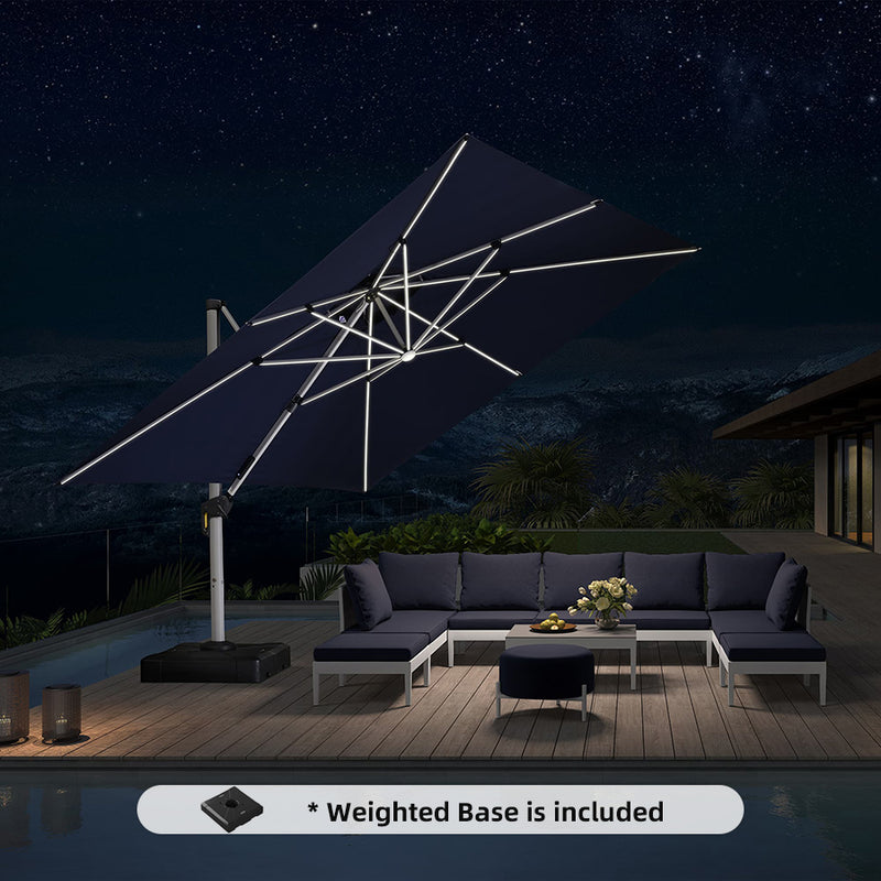PURPLE LEAF Square Cantilever Umbrella with Base, Outdoor Umbrellas with Lights