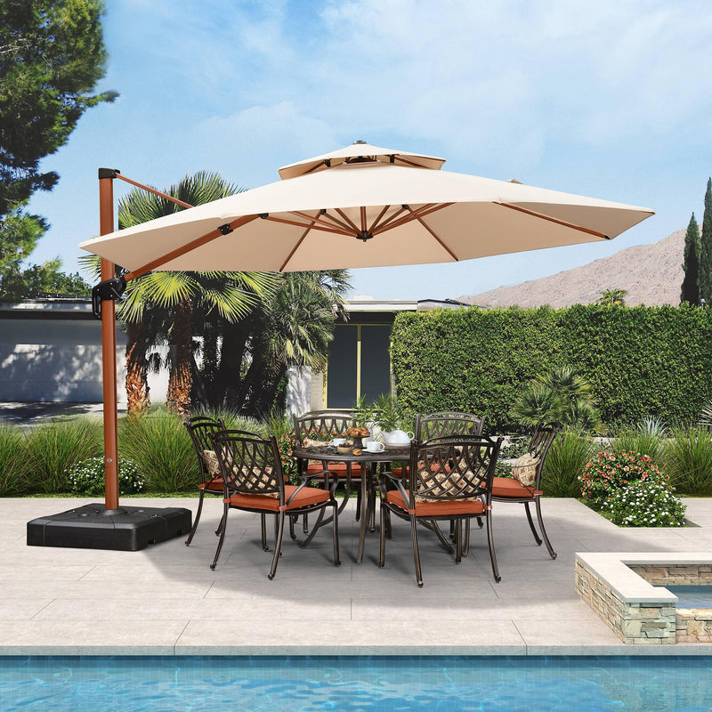 PURPLE LEAF Outdoor Garden Umbrella with Base, Cantilever Umbrellas in Wood Color