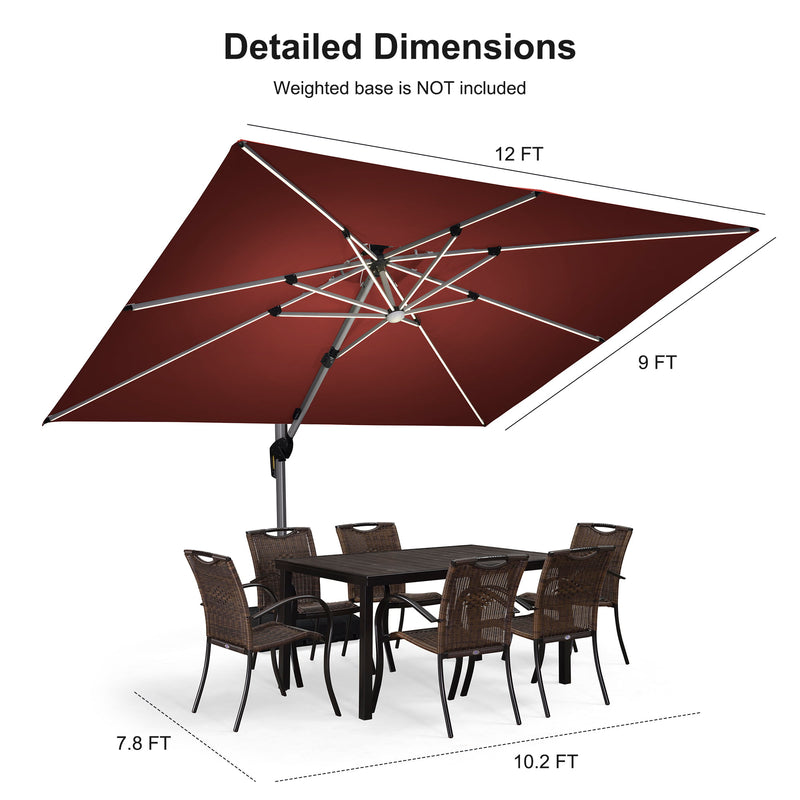 PURPLE LEAF Rectangular Cantilever Umbrella with Base, Outdoor Umbrellas with Lights