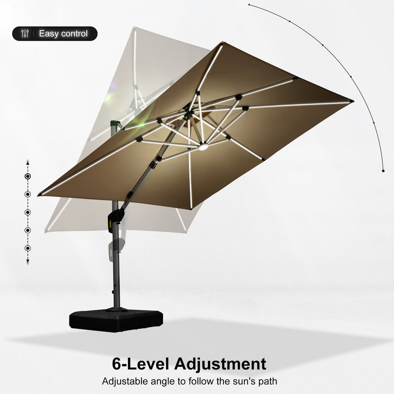 PURPLE LEAF Square Cantilever Umbrella with Base, Outdoor Umbrellas with Lights