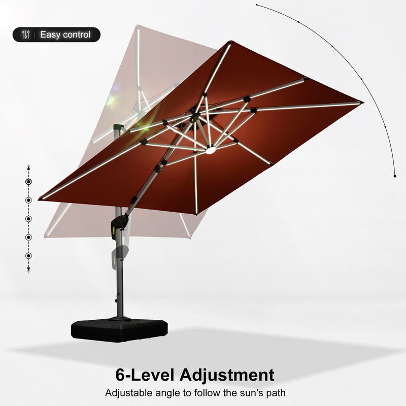 PURPLE LEAF Square Cantilever Umbrella with Base, Outdoor Umbrellas with Lights