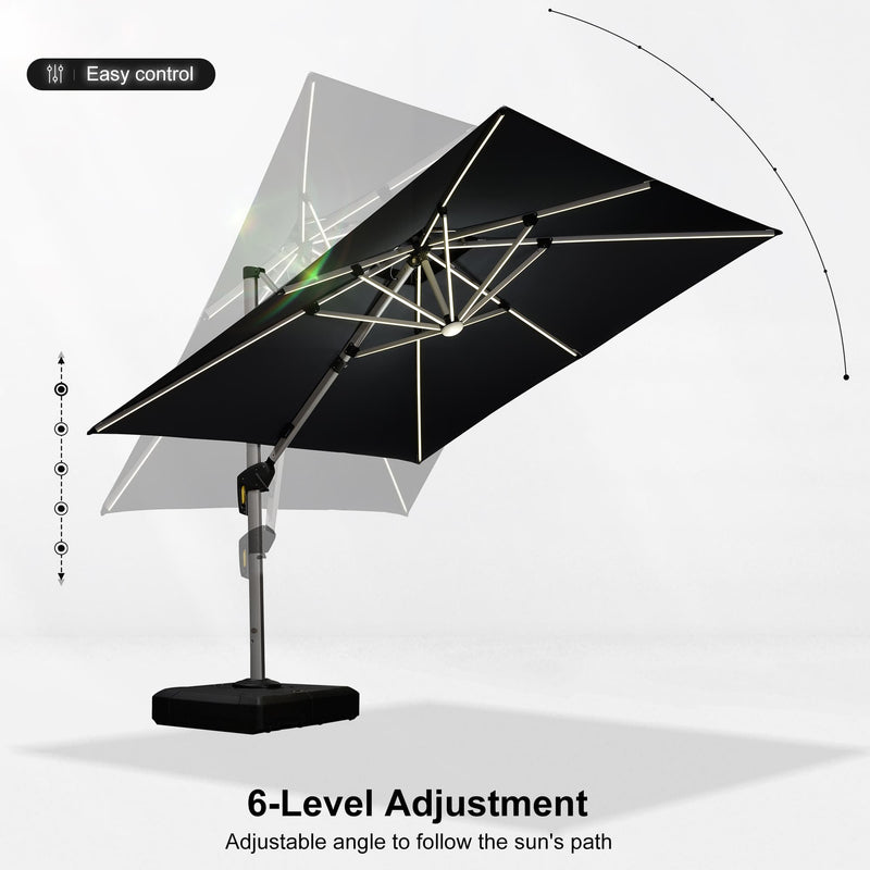 PURPLE LEAF Square Cantilever Umbrella with Base, Outdoor Umbrellas with Lights