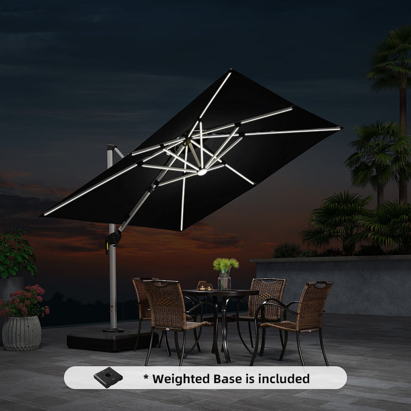 PURPLE LEAF Square Cantilever Umbrella with Base, Outdoor Umbrellas with Lights