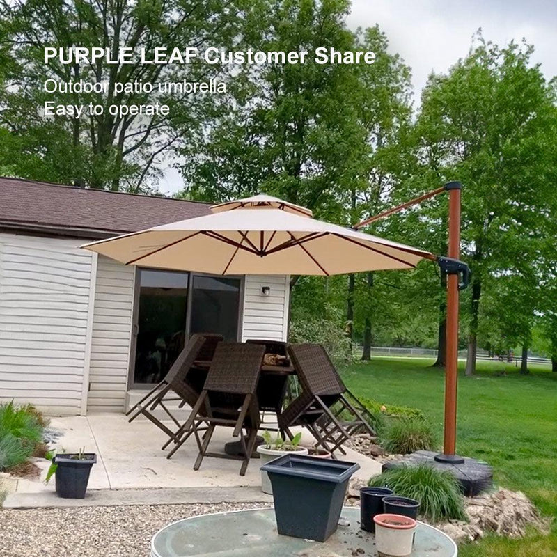 PURPLE LEAF Outdoor Garden Umbrella with Base, Cantilever Umbrellas in Wood Color
