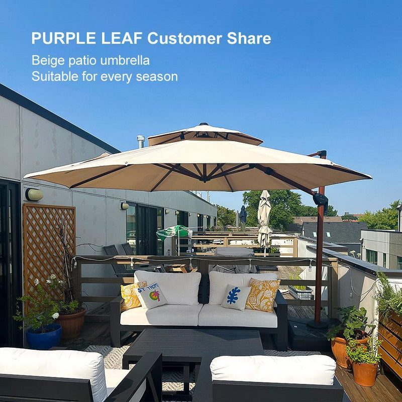 PURPLE LEAF Outdoor Garden Umbrella with Base, Cantilever Umbrellas in Wood Color