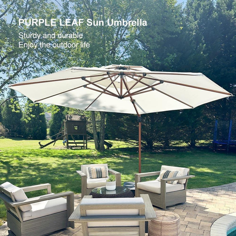 PURPLE LEAF Outdoor Garden Umbrella with Base, Cantilever Umbrellas in Wood Color