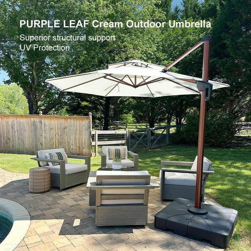 PURPLE LEAF Outdoor Garden Umbrella with Base, Cantilever Umbrellas in Wood Color