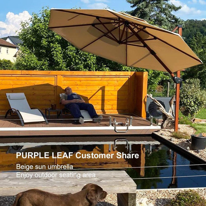 PURPLE LEAF Outdoor Garden Umbrella with Base, Cantilever Umbrellas in Wood Color