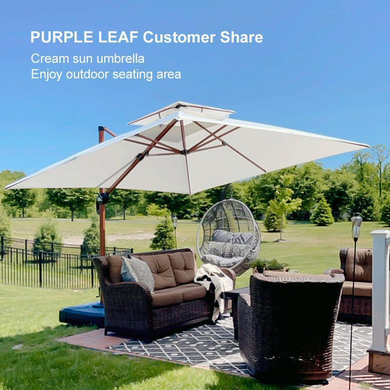 PURPLE LEAF Outdoor Garden Umbrella with Base, Cantilever Umbrellas in Wood Color