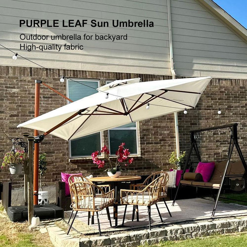 PURPLE LEAF Outdoor Garden Umbrella with Base, Cantilever Umbrellas in Wood Color