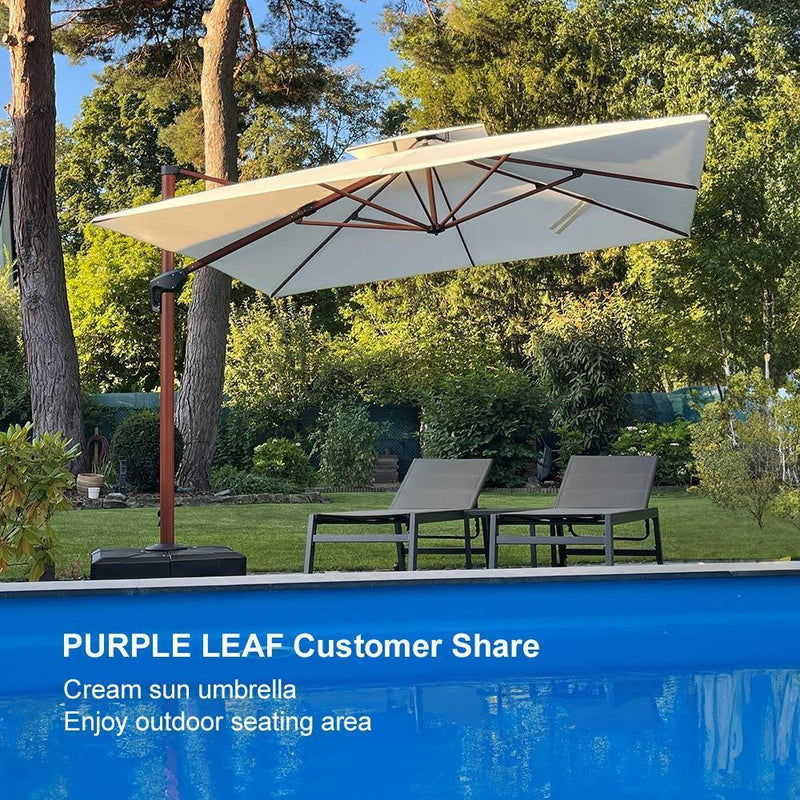 PURPLE LEAF Outdoor Garden Umbrella with Base, Cantilever Umbrellas in Wood Color
