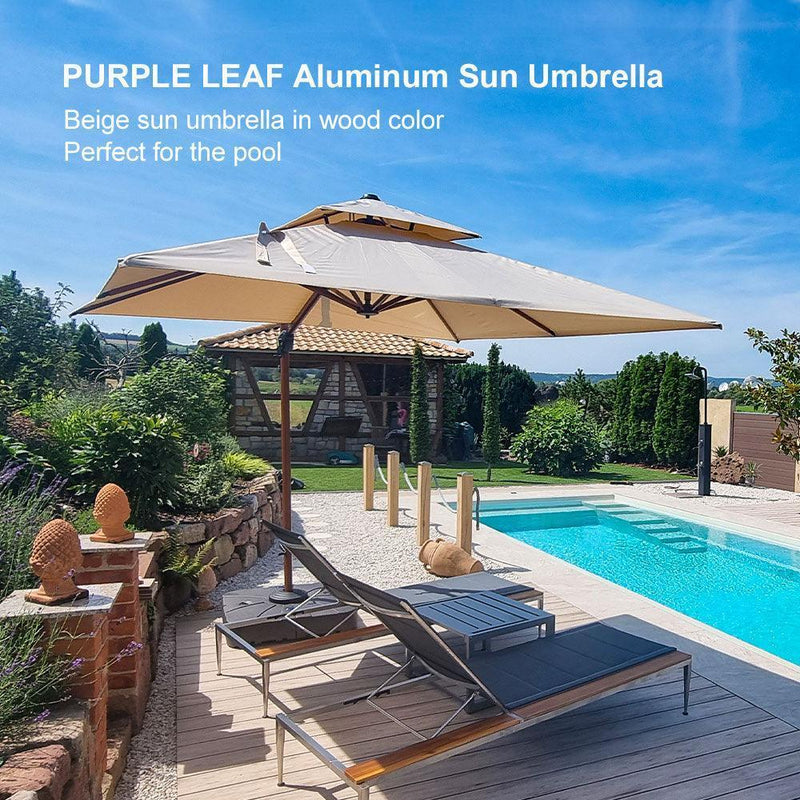 PURPLE LEAF Outdoor Garden Umbrella with Base, Cantilever Umbrellas in Wood Color