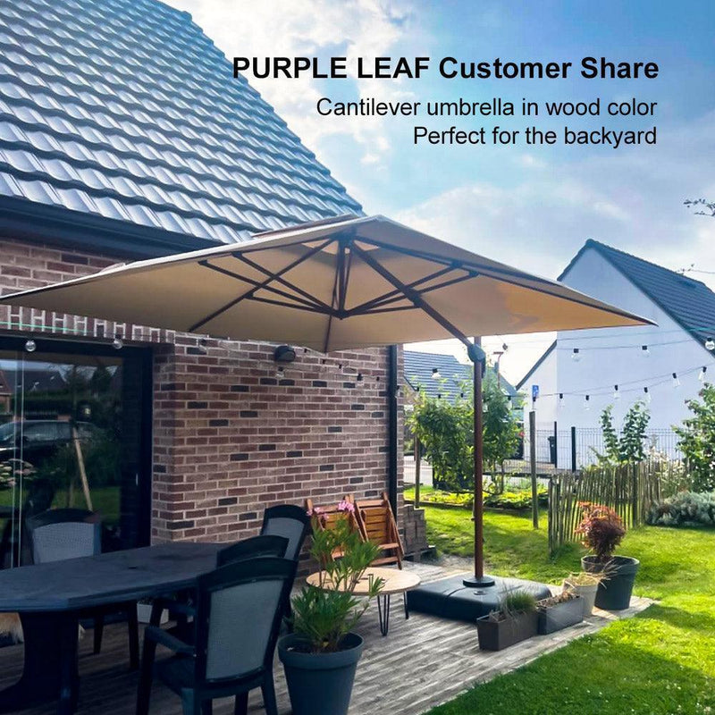 PURPLE LEAF Outdoor Garden Umbrella with Base, Cantilever Umbrellas in Wood Color