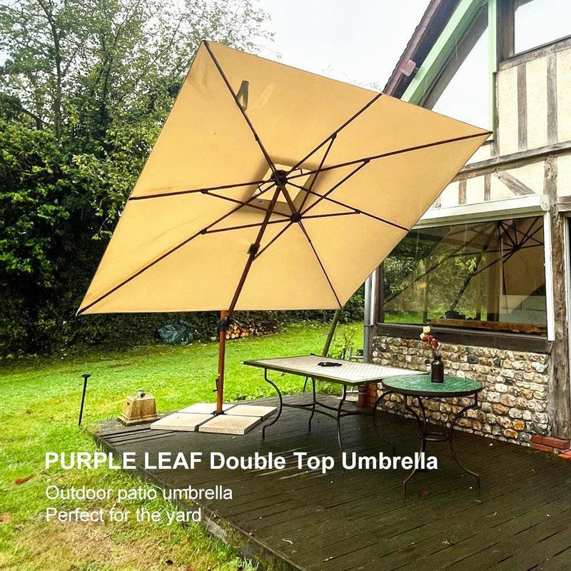 PURPLE LEAF Outdoor Garden Umbrella with Base, Cantilever Umbrellas in Wood Color