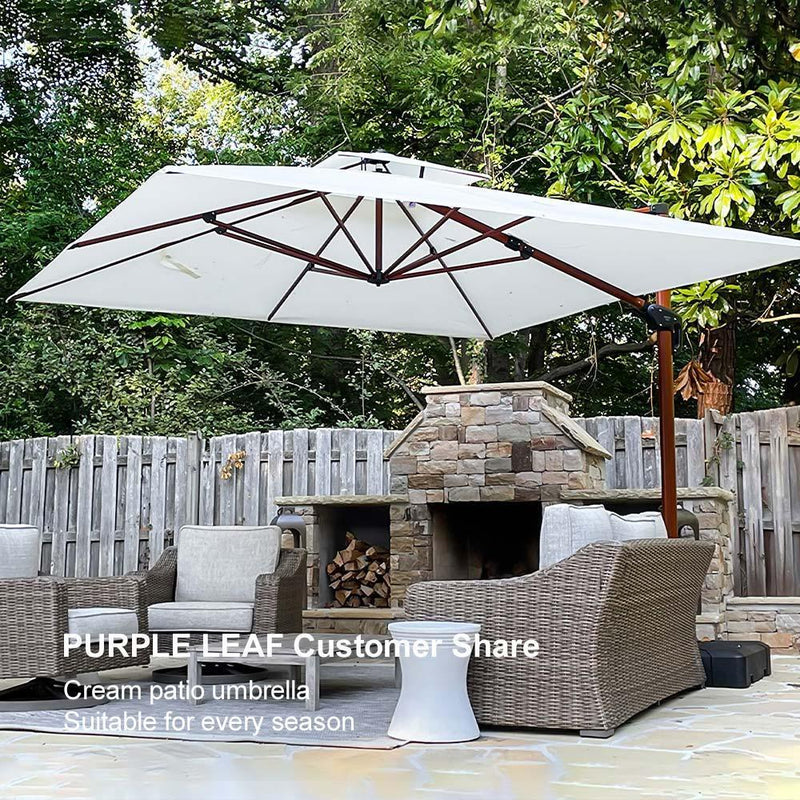 PURPLE LEAF Outdoor Garden Umbrella with Base, Cantilever Umbrellas in Wood Color