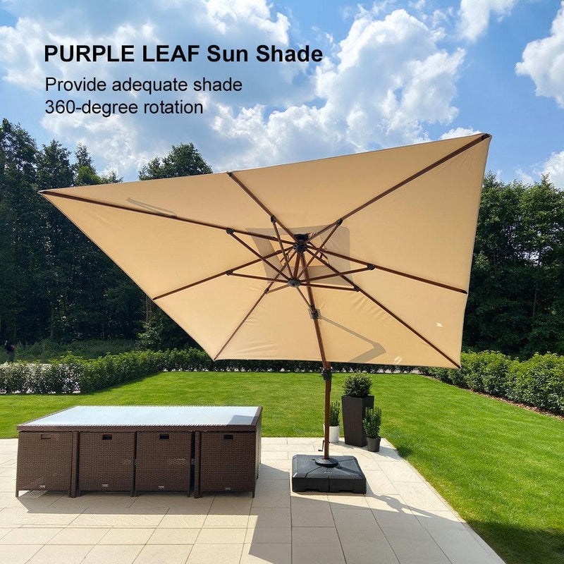 PURPLE LEAF Outdoor Garden Umbrella with Base, Cantilever Umbrellas in Wood Color