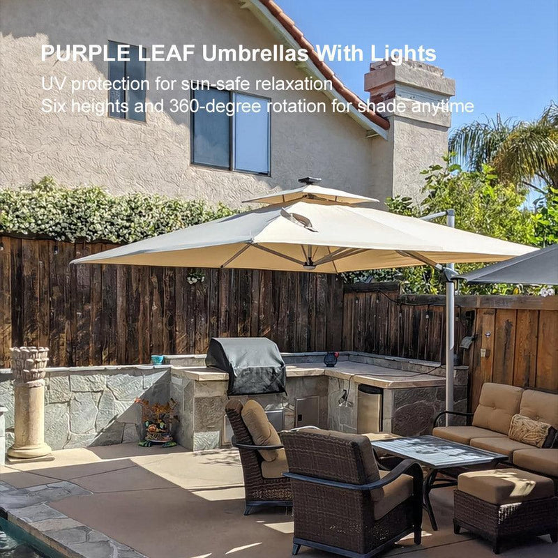PURPLE LEAF Double Top 9 / 10 / 11 / 12 ft Square Outdoor Umbrellas with Lights