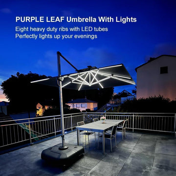 heavy dury patio umbrellas with solar lights PURPLE LEAF Square Cantilever Umbrella Base, Outdoor with Okuma Acuador Spin Reel day light as the handle on Length - Weight:10' 1/4