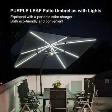 PURPLE LEAF 10ft Cantilever Patio Umbrella with LED Lights, 360° Swivel and Tilt
