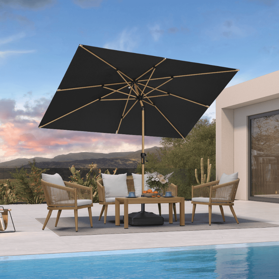 9 foot lighted offset patio umbrella EliteShade 9ft Solar LED – Eurmax SimplyShade 9-ft Aluminum Tan badge-NEW resistant polyester fabric Size:8 W (25.5)
