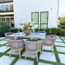 PURPLE LEAF Outdoor Dining Table Set All-Weather Aluminum with Wood Grain Table and Rope Woven Chairs Includes Backyard Patio Cushions