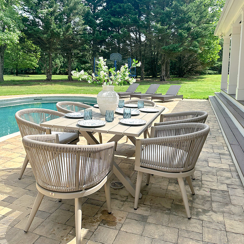 PURPLE LEAF Outdoor Dining Table Set All-Weather Aluminum with Wood Grain Table and Rope Woven Chairs Includes Backyard Patio Cushions