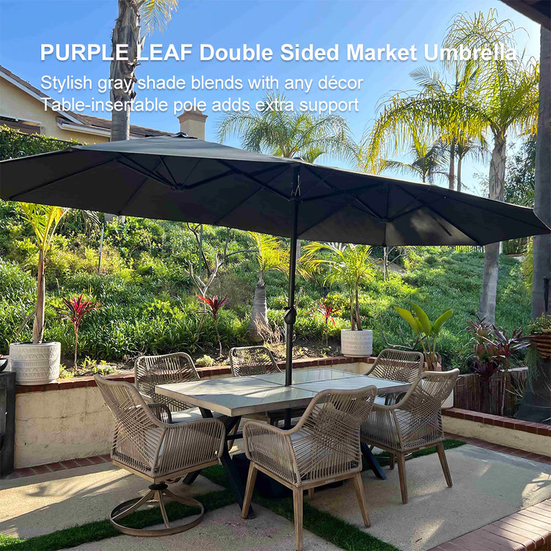 PURPLE LEAF 15'X9' Double Sided Rectangular Patio Table Market Light Gray Umbrella with Free Base .
Stylish grayshade blends with any décorTable-insertable pole adds extra support.