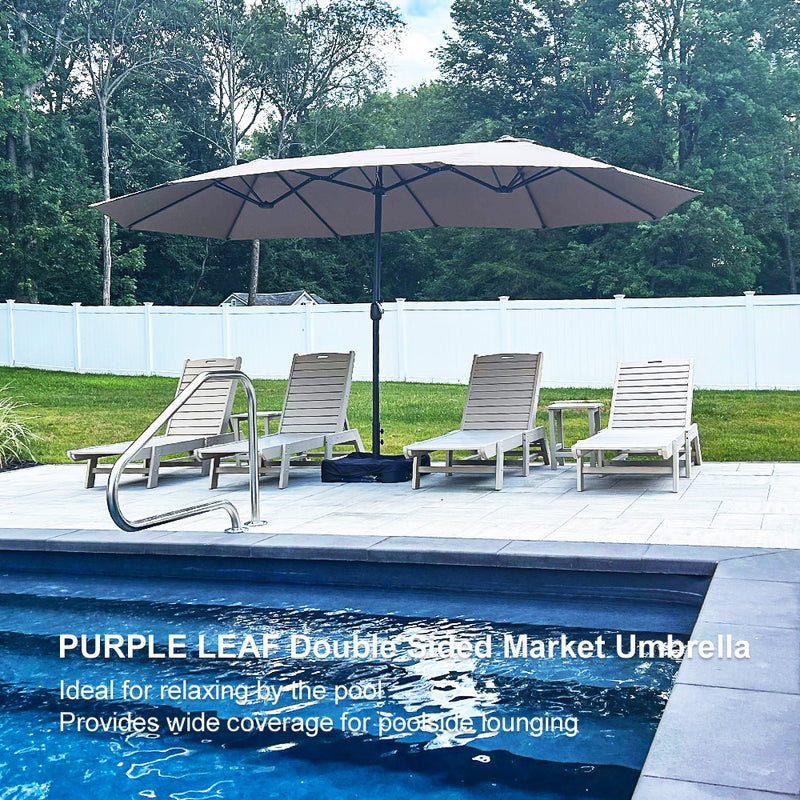 PURPLE LEAF 13'X7' Double Sided Rectangular Patio Table Market Taupe Umbrella with Free Base .
Ideal for relaxing hy the poot
Provides wide coverage for poatsiois lounging.