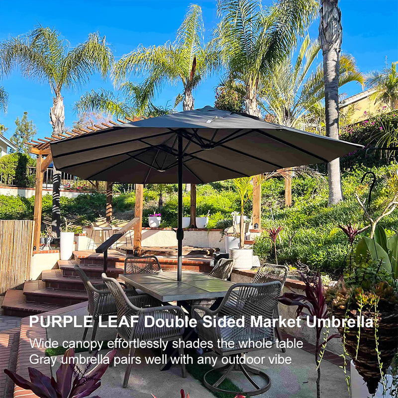 PURPLE LEAF 13'X7' Double Sided Rectangular Patio Table Market Light Gray Umbrella with Free Base .
Umbrella Wide canopy effortlessly shades the whole tableGray umbrellá pairs well with any outdoor vibe