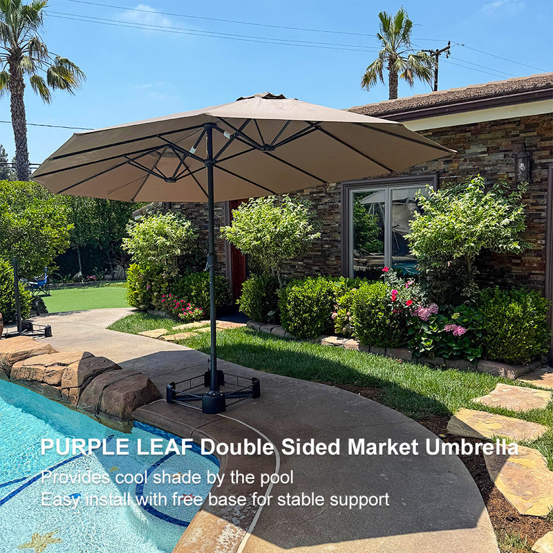 PURPLE LEAF 13'X7' Double Sided Rectangular Patio Table Market Taupe Umbrella with Free Base .
UmbreHarovides cool shade by the poolEasr install with free base for stable support.