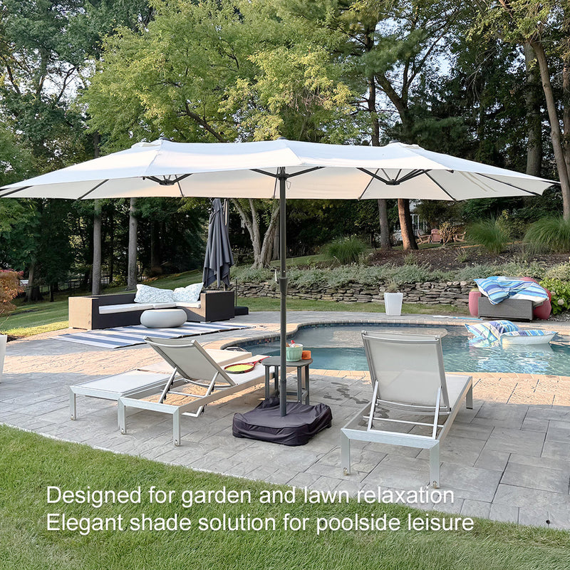 PURPLE LEAF 15'X9' double-sided patio market white large rectangular advanced chain lock pin umbrellas with a sturdy 1.9" powder-coated pole and 12 ribs for stability and free base are designed for garden and lawn relaxationProviding elegant shade solution for poolside leisure