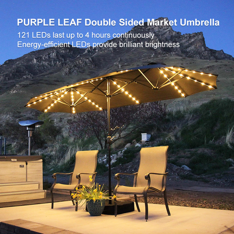 PURPLE LEAF Double Sided Market Umbrella
121 LEDs last up to 4 hours continuouslyEnergy-efficient LEDs provide brilliant bnightness
